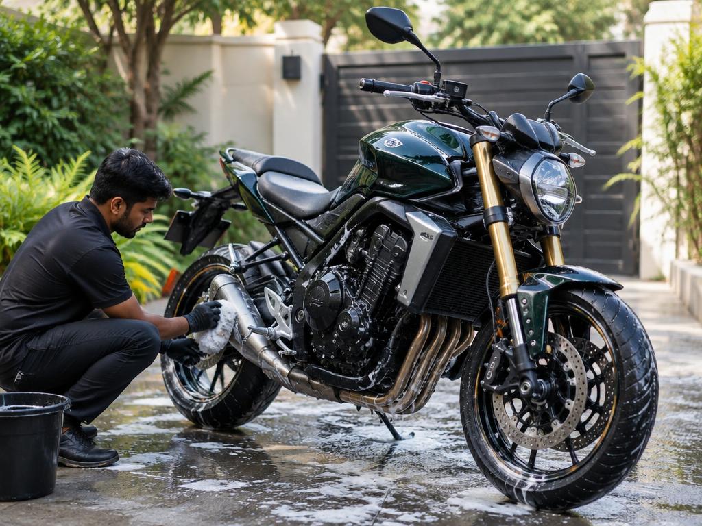 A motorcycle being carefully cleaned by hand at a residential home
