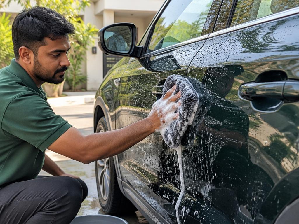 A MyWashKart attendant hand-washing a dark green car in a driveway