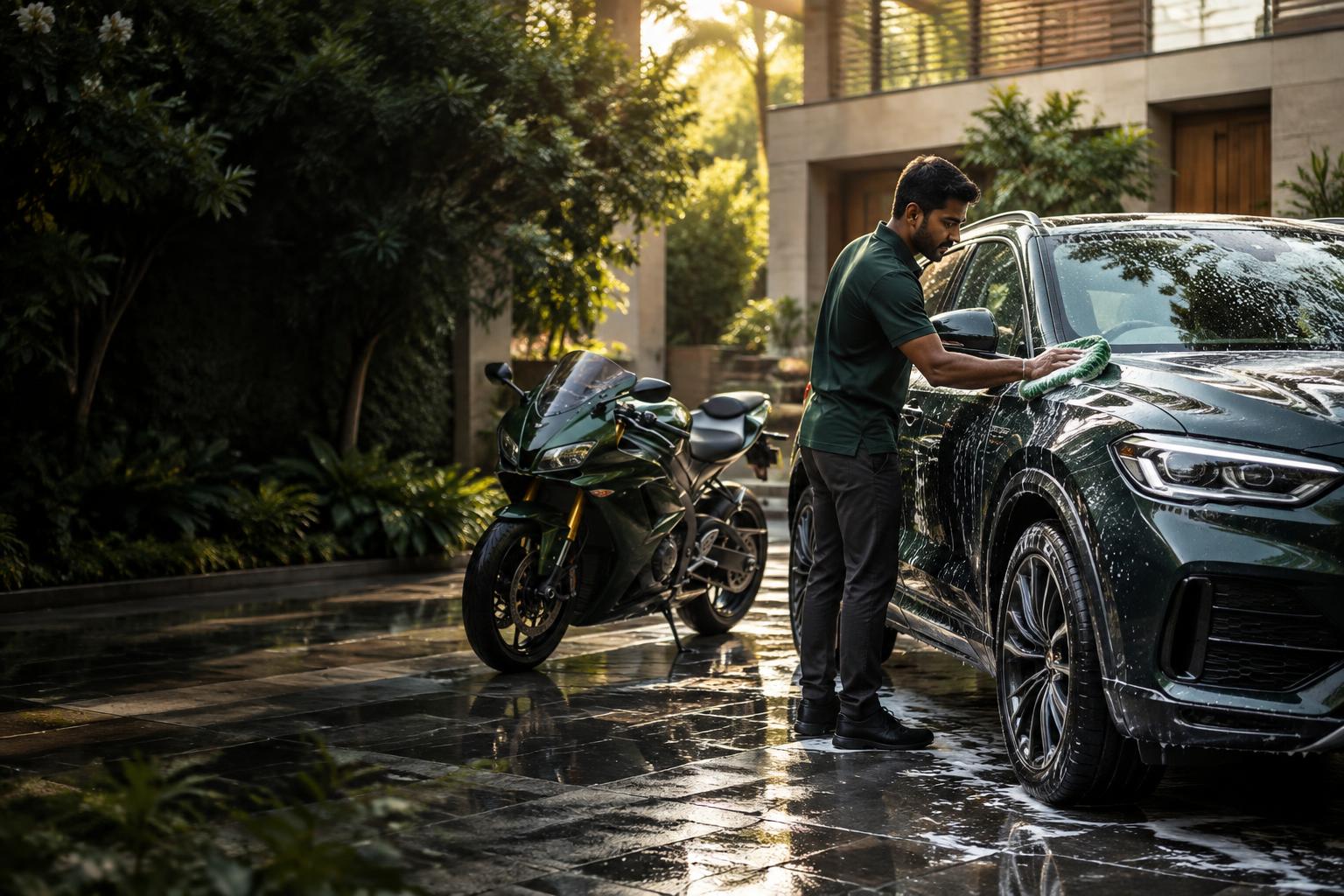 An attendant hand-washing a car beside a motorcycle in a residential driveway