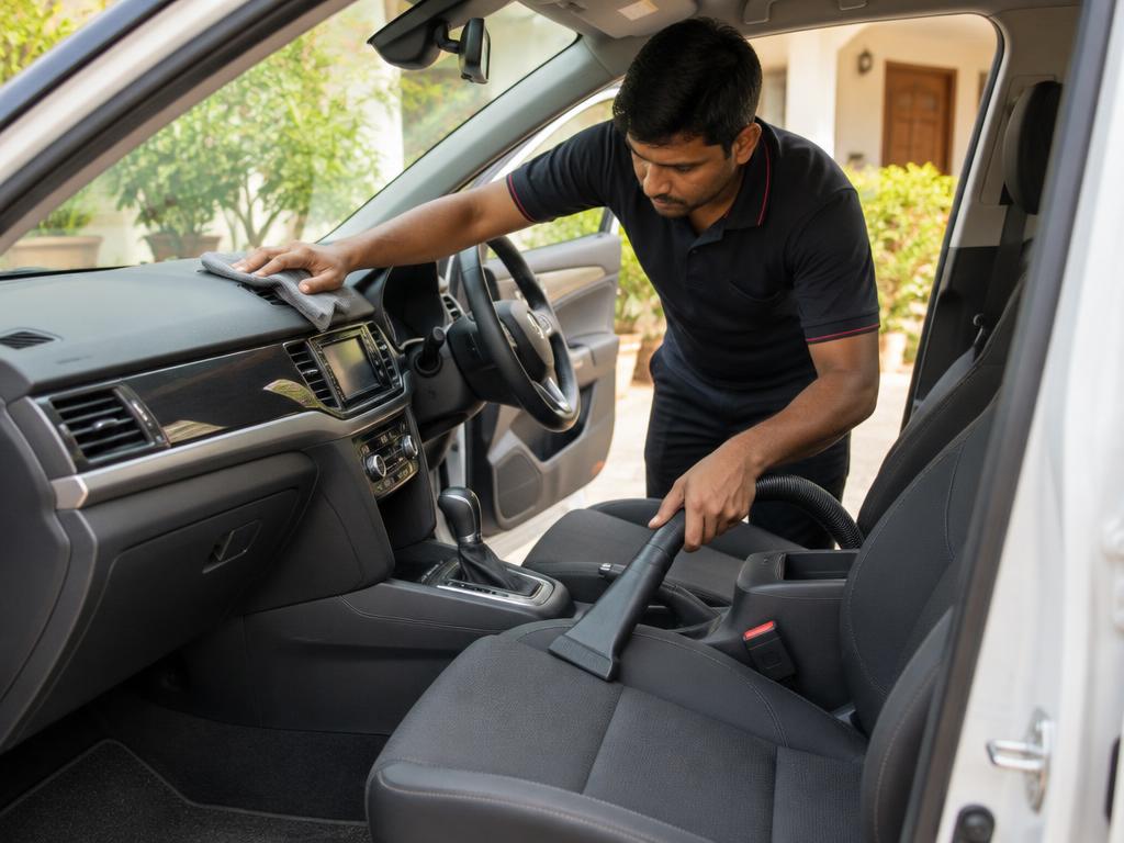 A car interior receiving careful vacuum cleaning and surface care