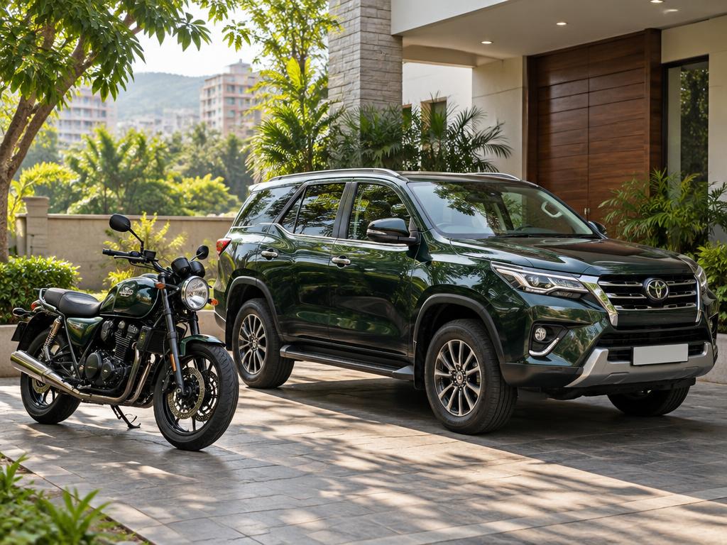 A car and motorcycle parked at a modern Pune home